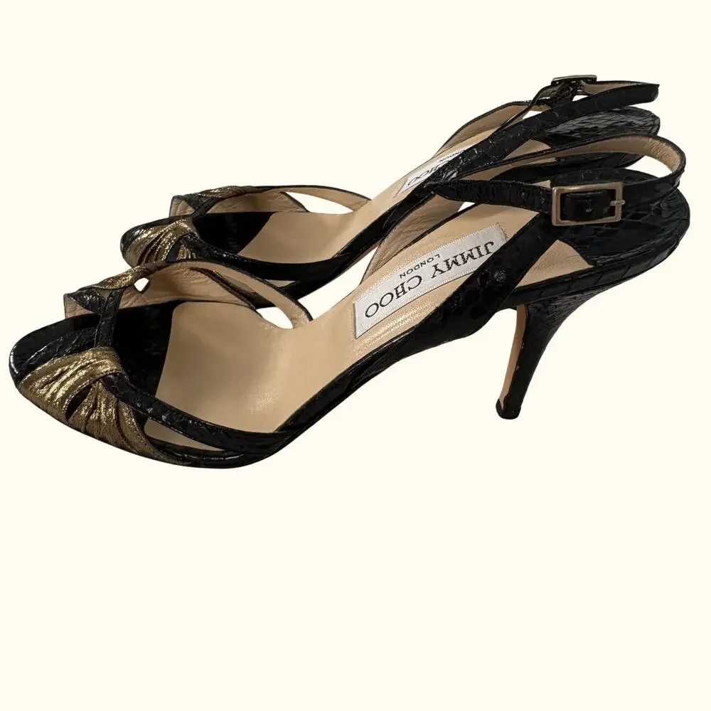 Jimmy Choo Snakeskin Print Leather Strappy High Heels Slingback Glam Party 38.5